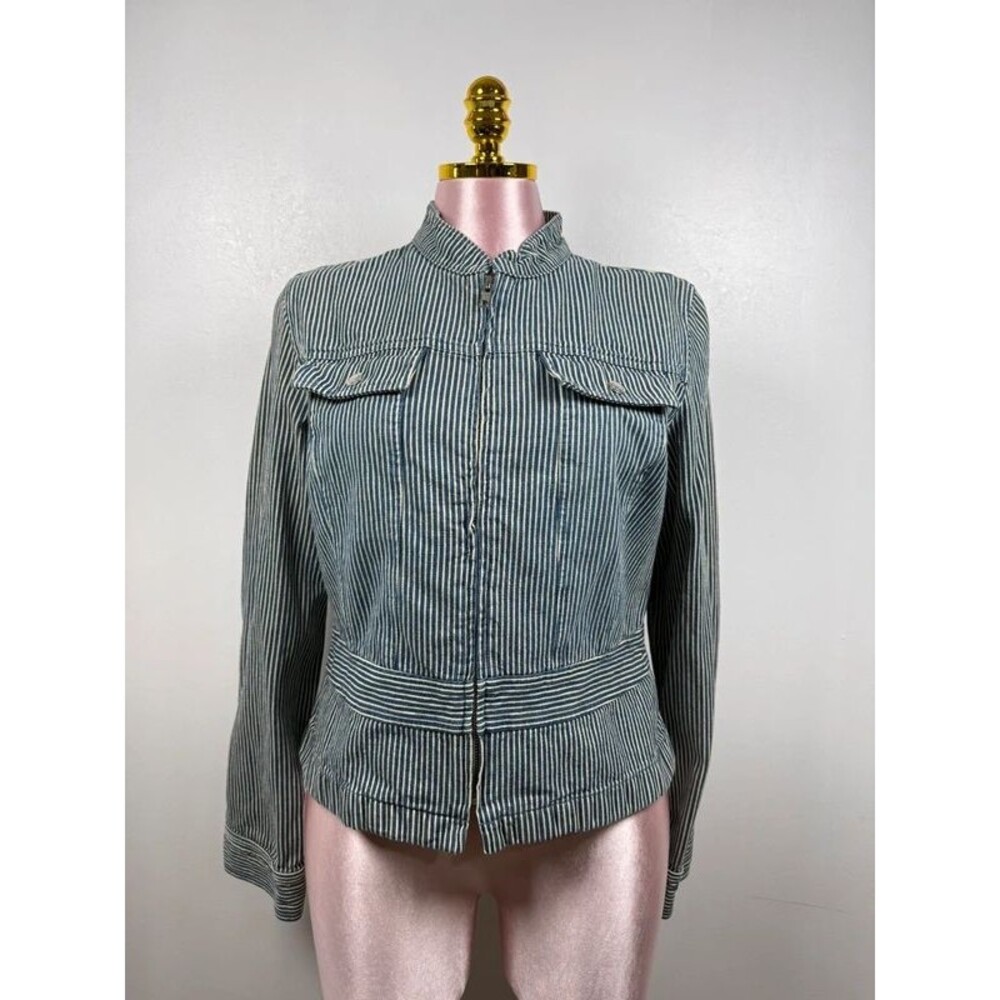 Ann Taylor LOFT Striped Denim Jacket Blue White Zip Front Cotton Size 10